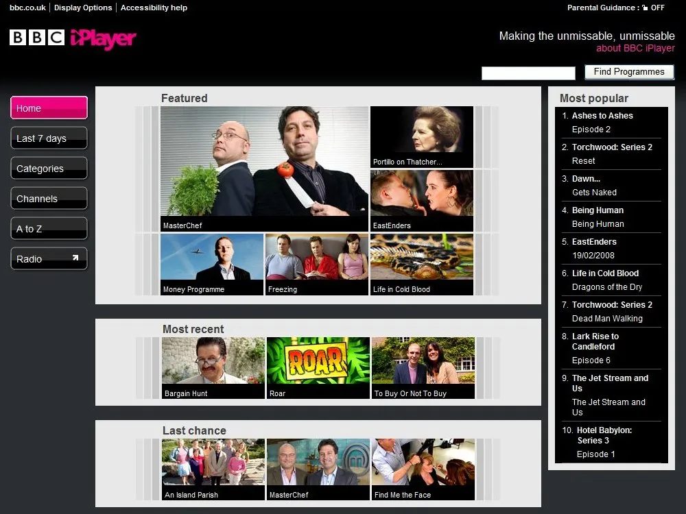 BBC iPlayer V1 homepage