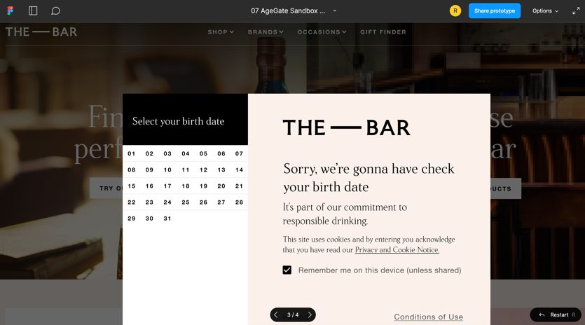 Age-gate compliance UI, thebar.com